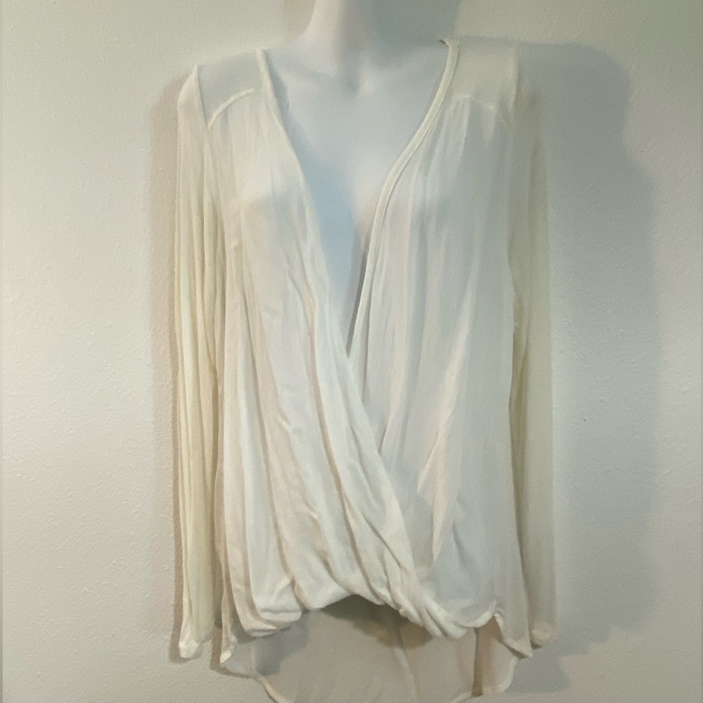 Bozzolo draping deep V wrap neckline, long sleeve, high low hem blouse/coverup